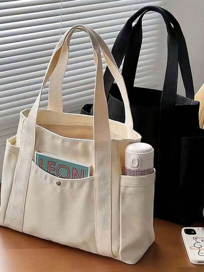 1pc,Large Capacity Canvas Tote Bag, Multi Pockets Shoulder Bag, Reusable Shopping Bag, Easy To Carry With Comfort Handle, For Daily Use And Gifts Portable Handbag For School Work Travel Shopping