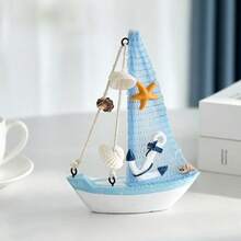 1件航海贝壳裂纹帆船装饰品，创意木制帆船模型摆件，工艺装饰船，装饰配件，桌面摆件，卧室、书房、客厅家居装饰，节日礼物 - 彩色 - 查看 5