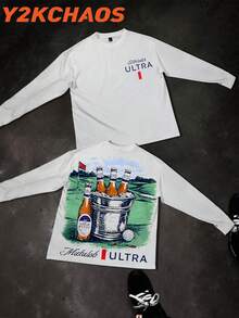Y2KCHAOS' Casual Long Sleeve Tee With Bold Beer Bucket Print | Perfect For Beer Lovers | Vintage Style Graphic Tee For Men | Ideal For Parties And Hangouts | Comfortable Fit | Y2KCHAOS' Vintage Style - 白色 - 查看 1