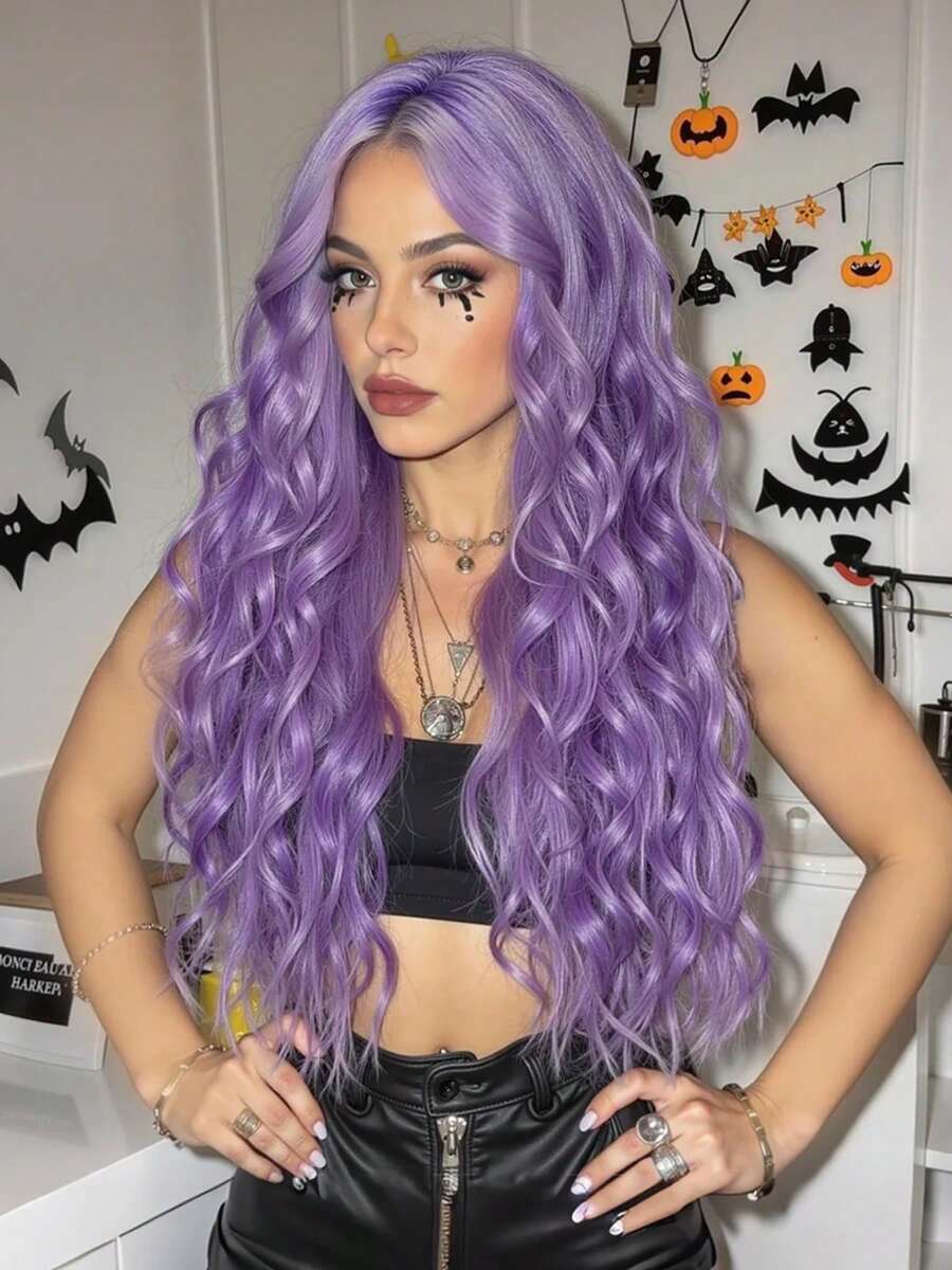 26 Inch Long Deep Wave Purple Wig; Wigs For Women, Carnival; Kpop, K Pop; Y2k; Cosplay, Heat Resistant Fiber Women's Wigs With Adjusting Belt Rose Net; Halloween; Dopamine Style; Fluffy Hair Net; Christmas; Festive Atmosphere; Back To School; Musthave For Beginners; Rose Net Hat; Comfortable To Wear; High Quality; Matte High Temperature Silk; Unique Wig; Voluminous - 紫色 - 查看 1