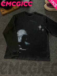 EMCGICC Street Life Men's Y2k Style (250 Cotton T-Shirt) Long Sleeve Shirt, Cotton Graphic T-Shirt, Men's Hip Hop Style - Long Sleeve T-Shirt, Fun Vintage Shirt, Regular Fit, Street Style, Halloween, Digital Print, Ideal Gift - 黑色 - 查看 1