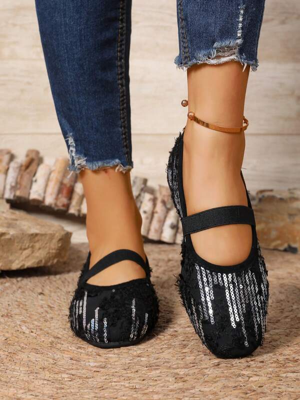 Women's Fashion Imported Square Toe Sequin Patchwork Slip-On Comfortable Versatile Flat Ballet Shoes, Suitable For Spring And Autumn, Fall, Autumn, Plus Size