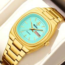 YaLaLuSi YaLaLuSi Brand 1 Piece 2025 New Golden Elegant Double Calendar Women's Quartz Watch Classic Simple Square Solid Color Dial Clear Bar Markers Unique Pattern Embellishment Quartz Movement Accurate Timekeeping Comes With Strap Adjuster And Jewelry Polishing Cloth Versatile For Everyday Wear Suitable For Work