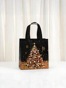 12 pungi de cadouri festive de Crăciun - model cu om de zăpadă, brad și șosetă, negre și aurii cu mânere, genți tote nețesute pentru petreceri de sărbători, pungi de cadouri de Crăciun