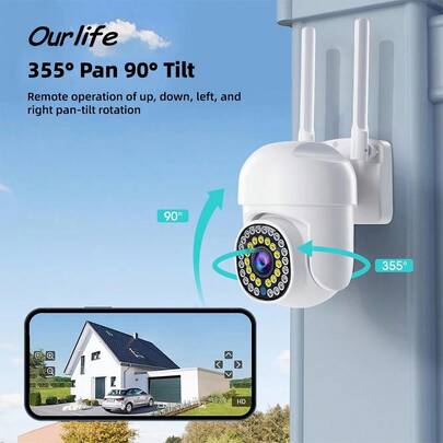 户外监控 Wifi 安全 Ptz 自动跟踪音频 Cctv 监控 360 Ip 摄像机 2.4Ghz Pir 运动检测、Ip65、双向语音对讲、360 度全景监控、日夜全彩、内置应用热点、无网络正常视频录制内置麦克风和扬声器、入侵警报、隐私保护、监控