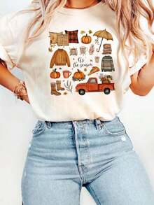 100% Cotton Tis The Season Shirt, Fall Shirt, Pumpkin Season, Fall Football Shirt, Women's Fall Shirt, Fall Harvest Shirt, Autumn Doodle - 白色 - 查看 1