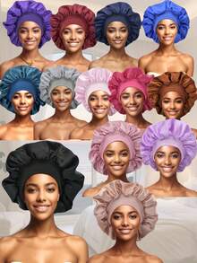 10Piece Women's Solid Color Elastic Brim Bonnets - Solid-Color Sleek Satin Fabric For Casual Comfort, Sleep, And Hair Protection. - Multicolor-solid Color-10pcs - View 3