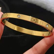 1 Set Stainless Steel Gold Color Bangle Bracelet With Rhinestone Nail & Waist Design, Gold Bangles