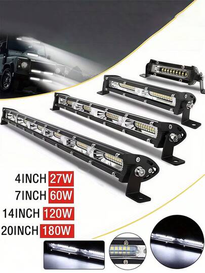 Fita de luz de carro de 4 pol./7 pol./14 pol./20 pol., fileira única, 60 W/120 W/180 W, ultrafina, branca média, para direção, neblina, lâmpada de trabalho LED para automóvel, ATV, SUV, trator, barco