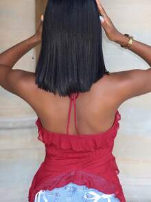 Mima John 夏季浪漫荷叶边丝带和 3D 花朵领结夏季女式上衣音乐会性感 - 酒紅色 - 查看 5