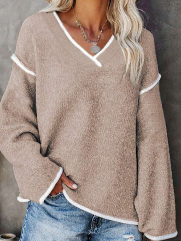 Plus Size Colorblock V-Neck Loose Knit Pullover Sweater