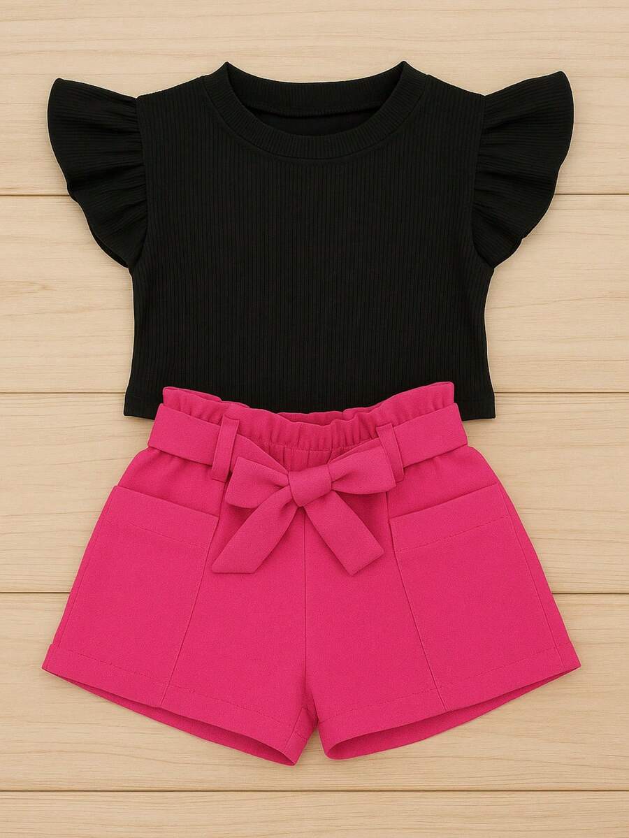 Children's Set Cropped Frufru Blouse + Linen Clochard Shorts Kit With 2 Super Stylish Pieces CJI033 - Merah Muda dan Hitam - View 1