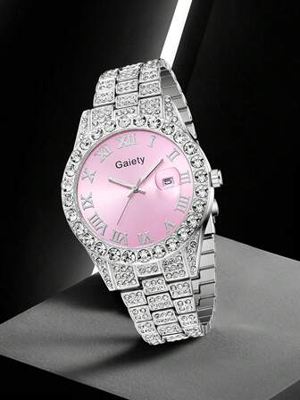 Gaiety1Pc Women's Silver Strap Fashionable, Casual, Elegant, Light Luxury Water Diamond Roman Scale Calendar Large Dial Quartz Watch Suitable For Daily Wear Or Holiday Gifts