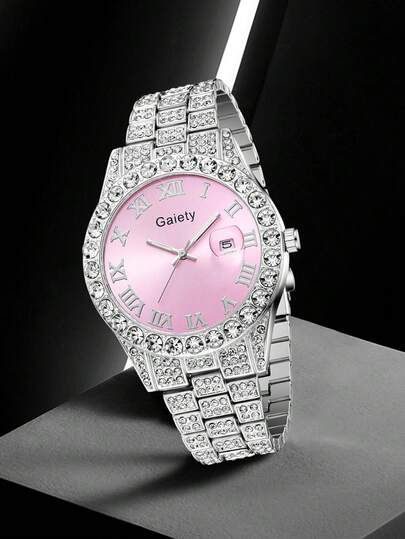 Gaiety1Pc Zilver Strap able, Elegant, Verlichting Luxe Water Diamond Roman Scale Calendar Large Dial Quartz Horloge Wear Or Holiday