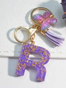 1pc Resin Starry Sky Epoxy English Letter Keychain With Tassel & Fluffy Pom Pom Decor, Gift For Friends & Mothers, Heart Pendant Christmas - Purple - View 10