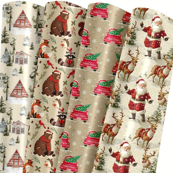 8 Sheets Vintage Christmas Wrapping Paper - Xmas Wrapping Paper With Retro Santa, Red Truck, Woodland Animals, Country Scene Designs For Christmas, Birthday, Holiday, Party, Baby Shower - 19.7 Inch X 27.5 Inch Per Sheet