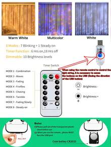 USB Curtain Fairy Lights,100/200/300 LED String Lights, USB Hanging Curtain Lights 3 M X 1m/2m/3m , Indoor Outdoor Christmas Light Curtain, 8 Dimmable Modes With Remote Control And Timer, Waterproof LED Garland For Christmas, Bedroom, Party, Balcony, Wedding, Wall, Window Decoration - Curtain Fairy Lights - View 8
