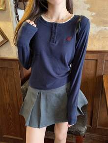 Autumn/Winter Korean Style Lace Patchwork Round Neck Button Design 2 In 1 Long Sleeve T-Shirt - Blue - View 5