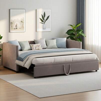 Sofá cama tapizado 90/180x200 cm, cama de día extensible con función de dormir, cama extensible a cama doble, cama nido con somier, cama multifunción, terciopelo, beige