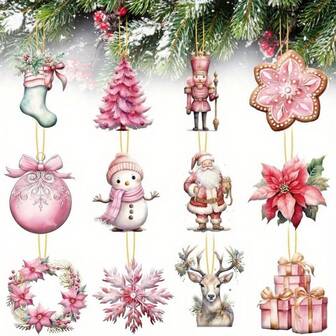 12pcs Pink Christmas Wooden Ornaments Set - Santa Claus, Snowman, Reindeer Garland With Floral & Star Designs, Artificial Wood Hanging Decorations For Holiday Tree, Home & Kitchen Decor, No Electricity Needed, Christmas Decorations, Festive Ornamentation, Festive Design, Ornaments, Festive Ornaments, Home Decorators Room Decor Winter Christmas Decorations Home Christmas Gifts Christmas Decor