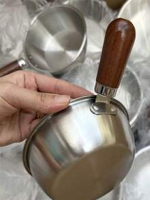 1/2pcs Stainless Steel Mini Pot With Walnut Anti-Scald Handle Pot And Spoon, Compatible With Induction Cooktop, Suitable For Instant Noodles, Salad, Rice, Household, Single Person, Kitchen Essential, Durable Cookware