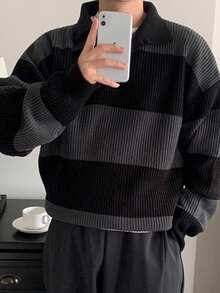 Men's American Street Style Korean Business Casual Commute Versatile Striped Pullover Knit Sweater, Fall/Winter
