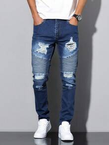 Pantalones vaqueros azules con rotos y aplicaciones de tejido, modernos y entallados, versátiles para uso casual - Azul lavado oscuro - Ver 2