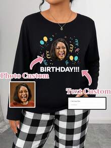 Plus Size Custom Birthday Portrait Funny Graphic Long Sleeve Knit Women, Casual Style, Fall/Winter Collection, Adult Home Wear Tops, Cozy