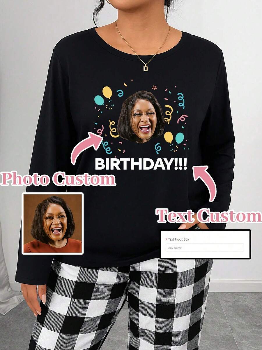 Plus Size Custom Birthday Portrait Funny Graphic Long Sleeve Knit Women, Casual Style, Fall/Winter Collection, Adult Home Wear Tops, Cozy