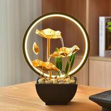 LUMIARTISAN Desktop Fountain Ornament With Waterfall And Leaf Design | Deep Basin Desktop Fountain, Natural River Pebbles | Zen Relaxation Interior Decoration For Offices, Living Rooms, And Bedrooms - Đài phun nước lá vàng-Halo - Xem 2
