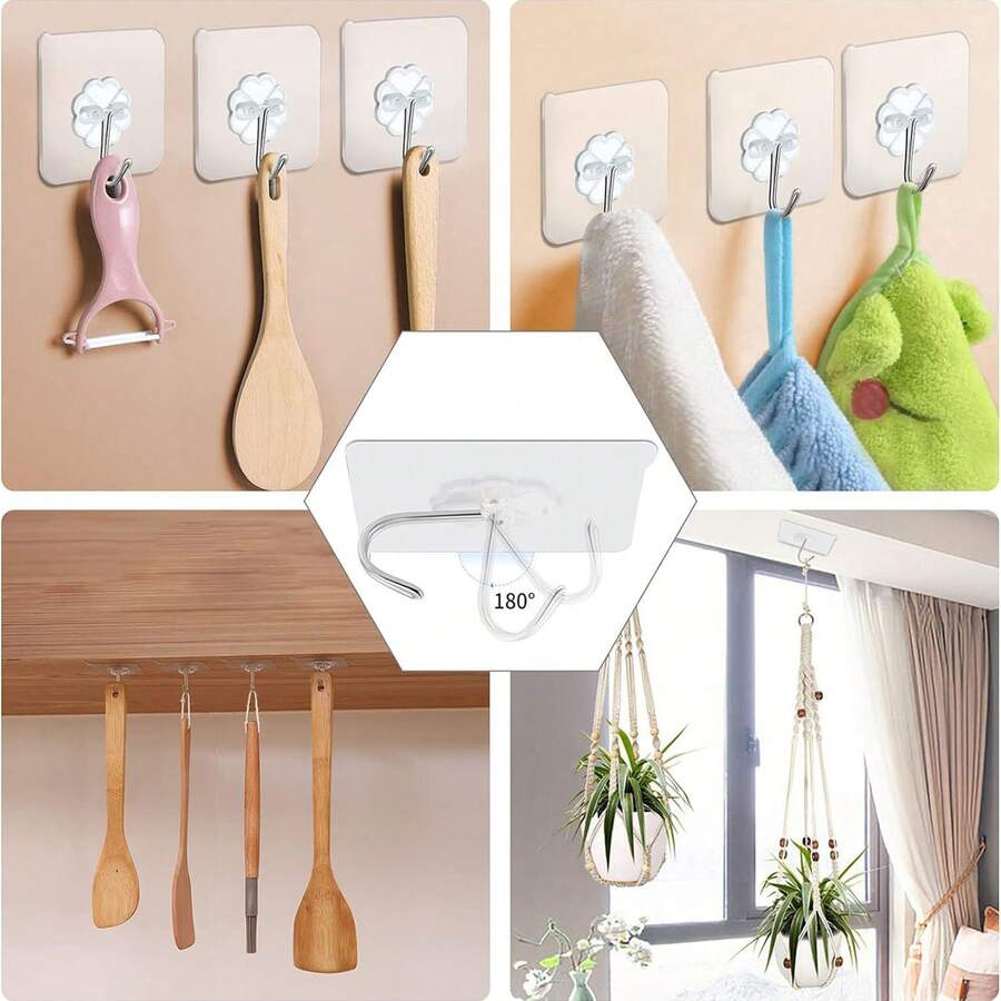 30pcs Strong Adhesive Hooks - No Drill, Traceless Wall Mount For Kitchen & Home Use, Easy Install, Load-Bearing - Transparent - View 1