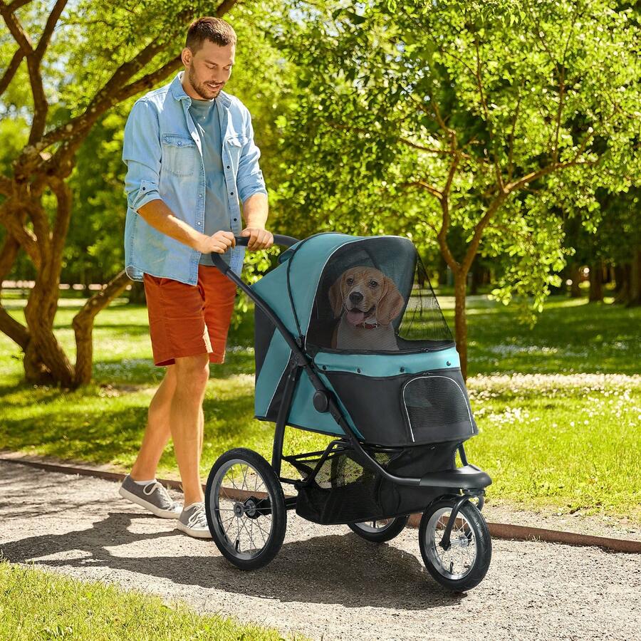 PawHut 3 Wheel Pet Stroller, For Medium Small Dogs, Foldable Cat Pram - Green - Green - View 1