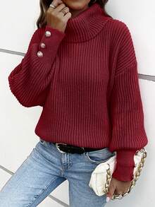 Women's Loose High Neck Sweater, Casual & Formal Ribbed Knit Button Up Long Sleeve Pullover - Red - View 10