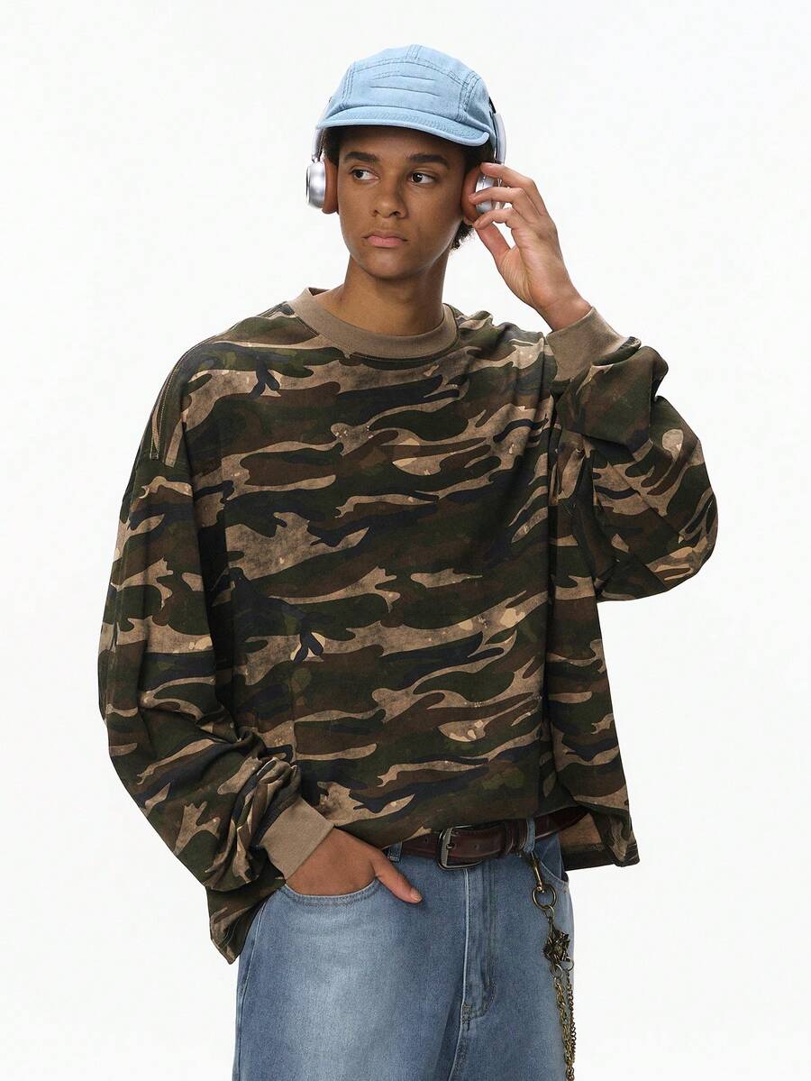 INFLATION Camo Boxy Long Sleeve T-Shirt, New Arrival Autumn, Brand Outdoor Casual Versatile Crew Neck Undershirt - Khaki - View 1