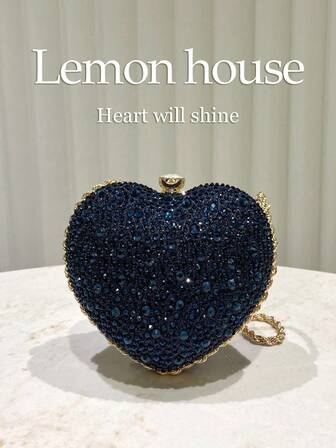 1pc Glamorous Sparkling Navy Blue Rhinestone Heart Shaped Clutch Bag, Cute Mini Love Heart Glitter Asymmetrical Handbag, Suitable For Evening Party, Wedding, Banquet, Celebration Events, Great Gift For Women , Valentine's Day