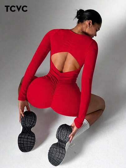 TCVC Women's Backless Long Sleeve Jumpsuit, Sexy Open Back Seamless Knit Romper, Indoor/Outdoor Sports Yoga, Skin-Friendly Fabric, Tight-Fitting Shaping Jumpsuit