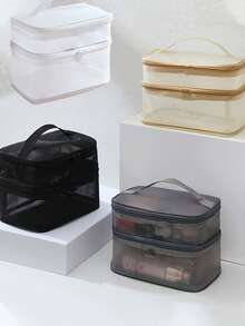 1pc Double-Layer Mesh Cosmetic Bag, Transparent Portable Organizer, Makeup Brush Holder, Popular Toiletry Bag, Cosmetics Storage Pouch, Large Capacity Multi-Compartment Design, Hand Bag, Beach Bag, Mesh Tote, Makeup Bag Makeup Travel Toiletry Organizer Clear Essentials Gifts Storage Zipper Accessories Nail Bags, Makeup Bag, Storage, Makeup Organizer