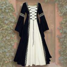European And American Square Collar Tied Waist Dress, Medieval Renaissance Dress, Halloween Costume - 黑色 - 查看 2