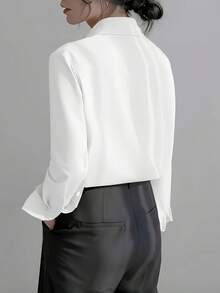 女士优雅纯色长袖衬衫 - 经典领不透光上衣，优质面料，适合春、夏、秋季穿着，休闲和职业场合皆宜，可机洗/干洗，流线型设计，质感细腻，白色 - 白色 - 查看 3