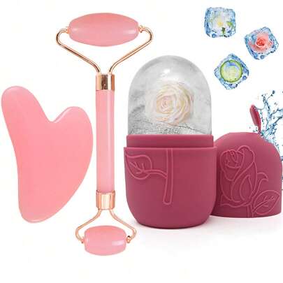 Set de 3 rodillos de hielo - Kit de rodillo facial de cuidado de la piel, herramienta de masaje facial, rodillo de hielo de silicona, rodillo masajeador de cuarzo rosa con tabla Gua Sha, para aliviar la hinchazón facial y ocular, masajeador facial, moldeado del contorno, cuidado de la piel y luminosidad, adecuado para ojos, cuello y rostro, herramientas de cuidado de la piel con molde de rodillo de hielo. Productos de masaje de hielo de verano, artículos de oficina, artículos de estudio, artículos de viaje esenciales.