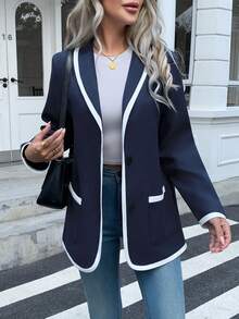 Chaqueta de manga larga de tweed con ribete de color contrastante para uso diario y casual de las mujeres, con bolsillos de botones a rayas contrastantes, para uso en la oficina