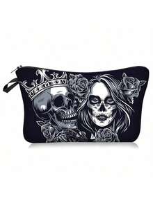 Gothic Skull And Floral Pattern Makeup Bag - Perfect Gift For Individual Women, Sisters, Girls And Niece - Makeup And Travel Storage Bag - Ideal For Christmas, Thanksgiving, Halloween, Birthday