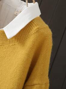 Suéter de cuello redondo de unicolor y manga corta, talla grande, para otoño/invierno