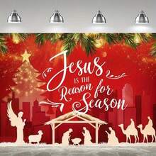 Peinture décorative religieuse de Noël, présentant la scène de la Nativité, l'arbre de Noël et la ville, interprétant "Jésus est la raison de la saison", exprimant pleinement le sentiment religieux des fêtes, transmettant la foi du festival, convenant pour l'arbre de Noël, l'atmosphère des fêtes.