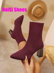 Giày bốt nữ mũi nhọn gót dày mới năm 2025, bốt ôm sát co giãn, bốt kiểu tất, bốt cao gót cổ ngắn, bốt đen ấm áp có quai, bốt cao gót gót dày đến bắp chân, giày cao gót mũi nhọn thoải mái thời trang, bốt thanh lịch thường ngày, bốt đen, bốt đỏ, bốt nâu, bốt màu cà phê - rượu vang đỏ - Xem 3