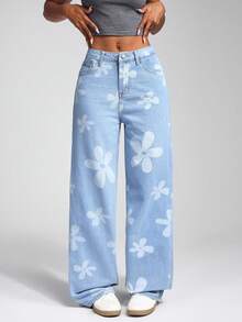Jeanoix Slant Pocket Casual Floral Print Straight Leg Jeans