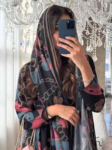 印花开衫头巾中东迪拜风格长袍，链条印花时尚女士长袍 - 印花色 - 查看 6