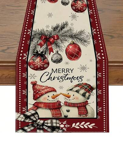 1 peça de caminho de mesa de Natal, charmoso caminho de mesa de Natal com boneco de neve e xadrez de búfalo, decoração retangular de poliéster durável para festas internas/externas, casamentos, cozinhas e salas de jantar de fazenda - toalha de mesa festiva de vários tamanhos, decorações de Natal, tecido de fácil manutenção, perfeito para decoração de cozinha natalina