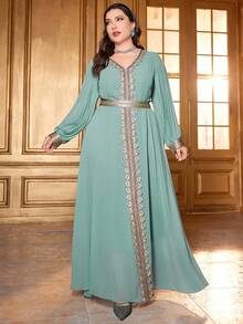 Plus Size Women's Embroidered Ribbon V-Neck Casual Maxi Dress, Arabic Style Long Sleeve Dress With Ribbon Decor, Suitable For Daily Wear And Festivals - Mint Green - View 2