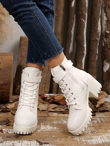 欧美简约时尚秋冬新款西部高跟短靴金属腰带水钻扣装饰粗跟厚底靴子靴子 - 白色 - 查看 3